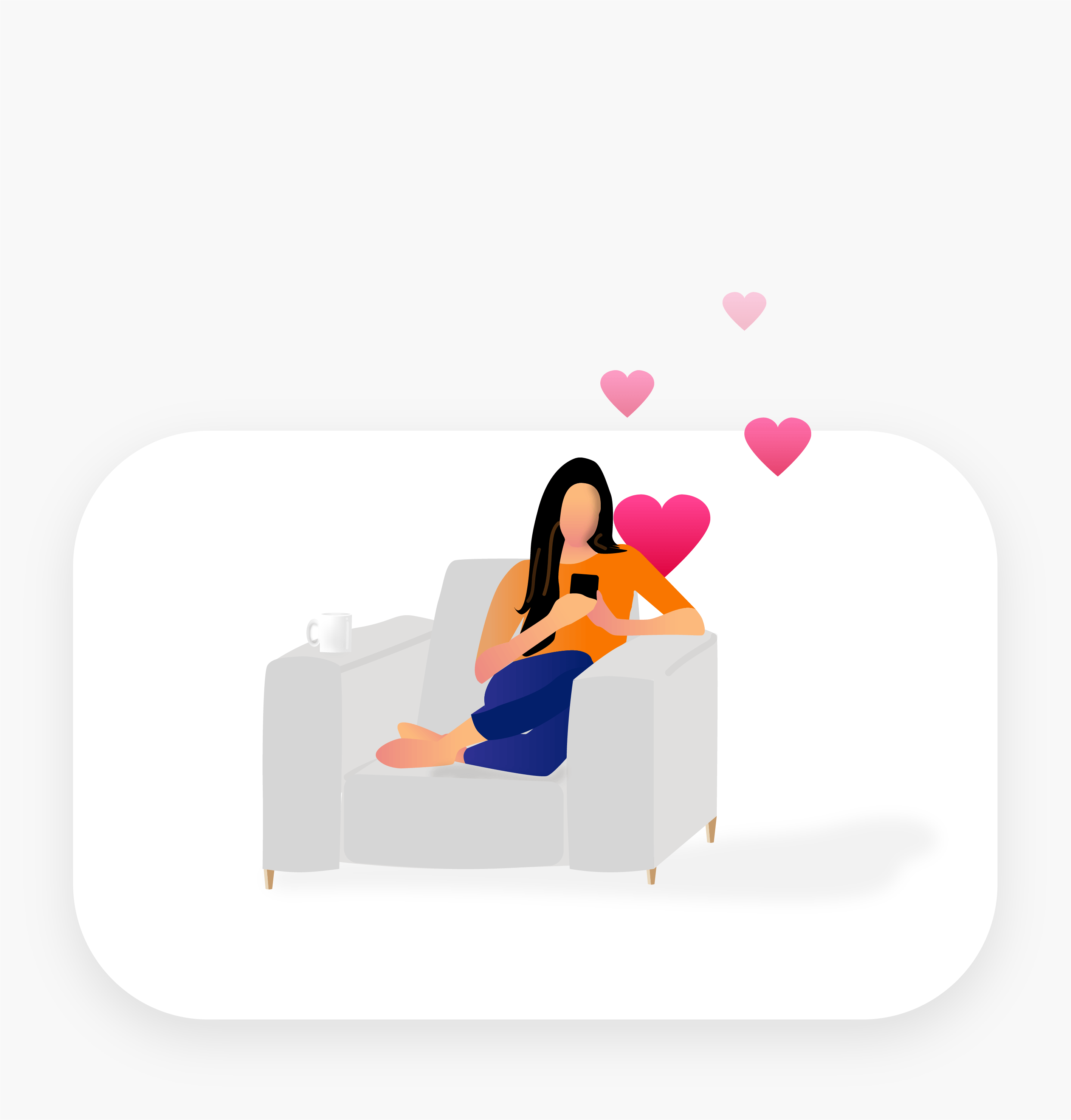 Illustration of woman sitting on couch looking at smartphone with hearts floating upwards