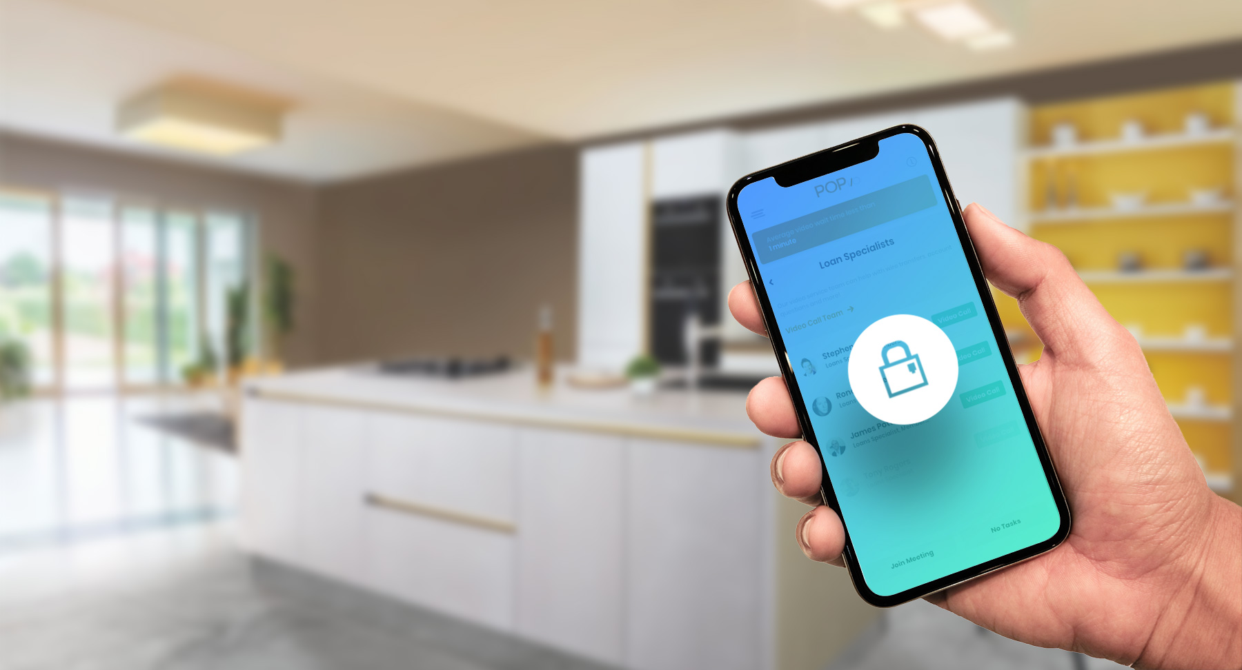 Smartphone with secure POPi/o screen with out of focus kitchen in background