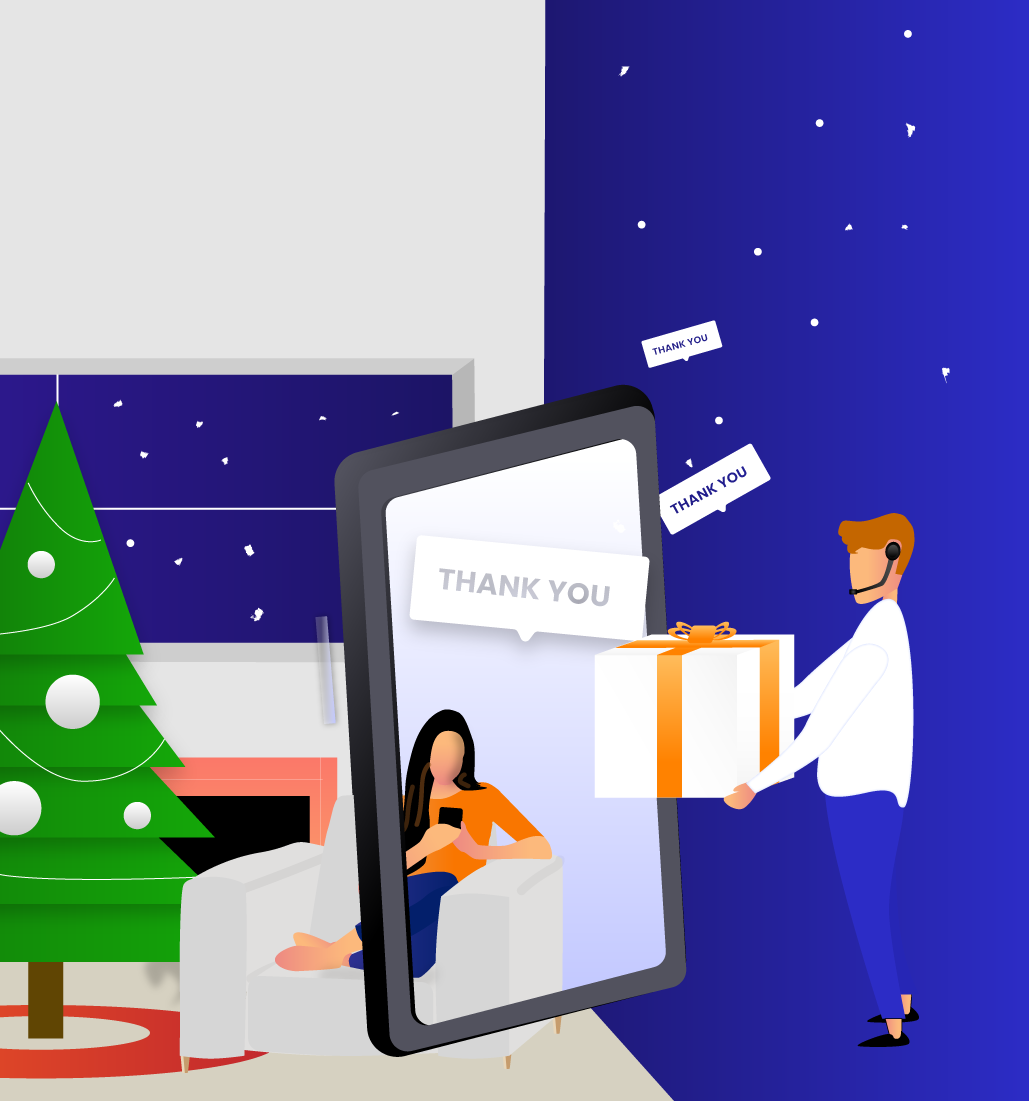 Blue holiday infographic of staff saying thank you to customers with gift