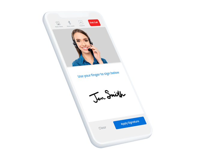 Angled smartphone agent meeting with signature