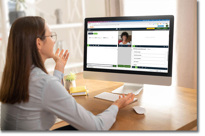 Young white woman sitting at desk using POPi/o with customer