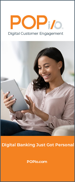 POPi/o Brochure cover with logo and attractive woman looking at tablet